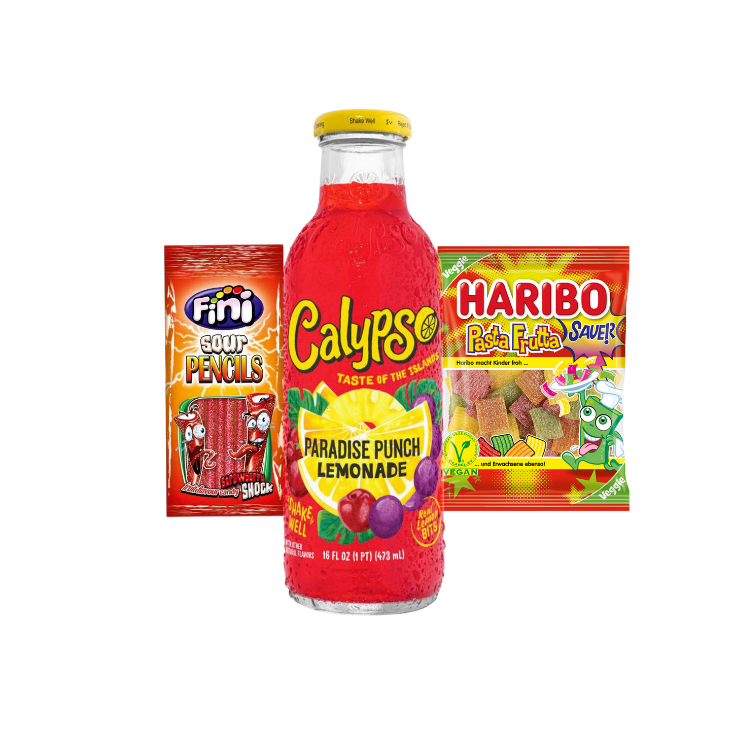 Calypso Paradise Punch Lemonade & Fini Pencils & Haribo Pasta Frutta Bundle