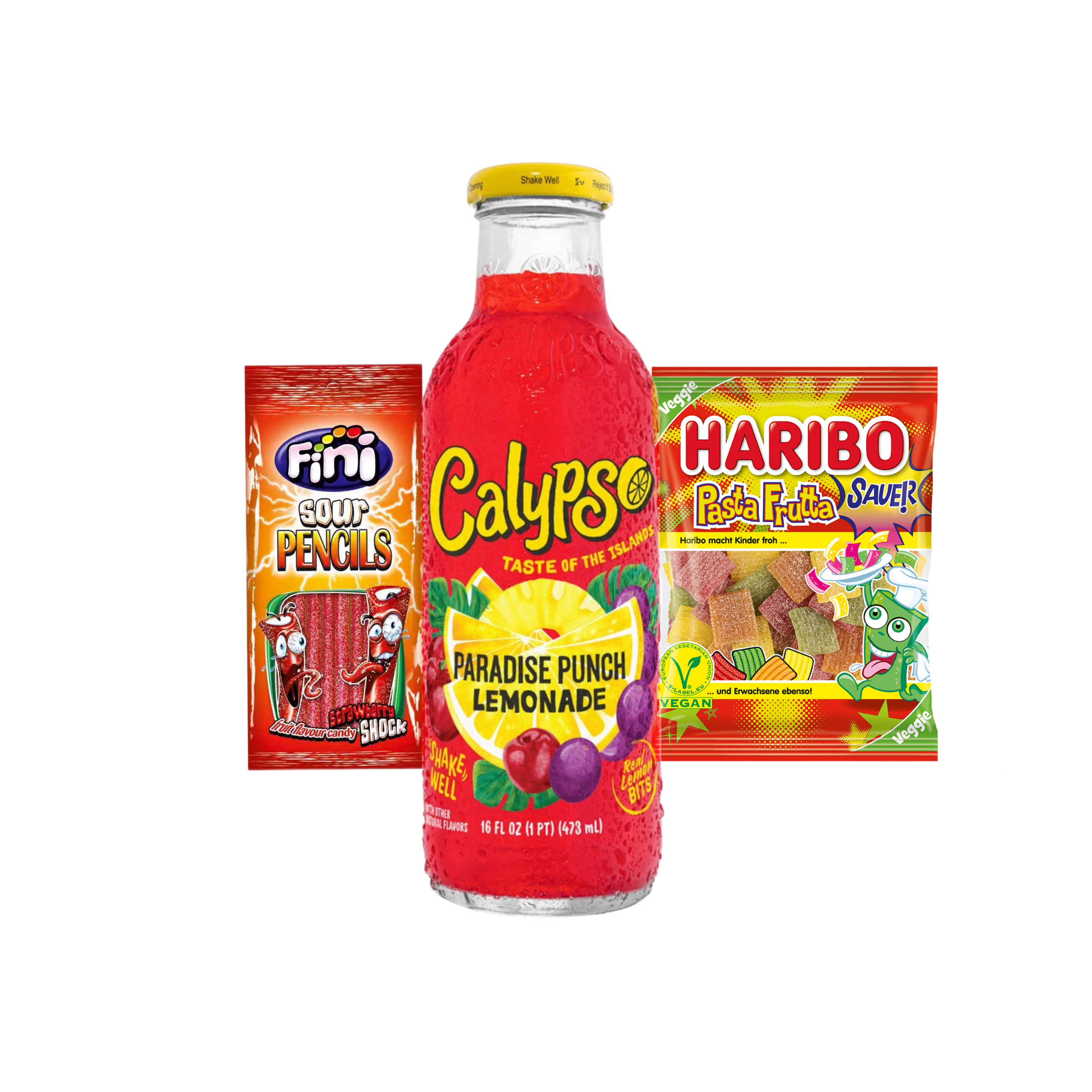 Calypso Paradise Punch Limonata ve Fini Kalemleri ve Haribo Makarna Frutta Paketi